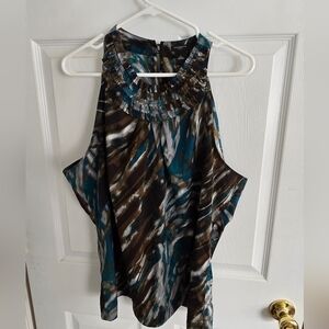 Ann Taylor sleeveless top. Ruffle collar. Size XL, brown/tan/turquoise/gray